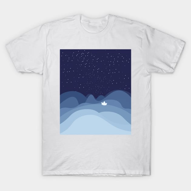 blue ocean waves,sailboat ocean stars T-Shirt by Mographic997